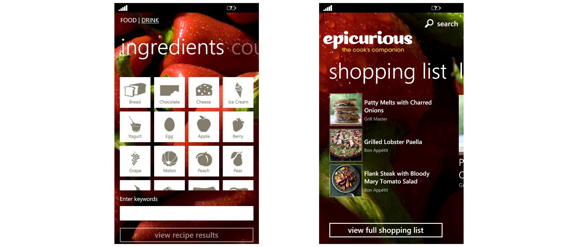 Epicurious Recipe Search and Shopping List